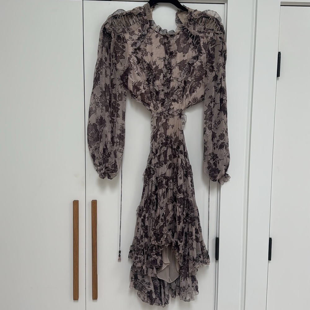 Zimmermann Cream and Brown Floral Ruffle Mini Dress Sz M - Picture 11 of 15